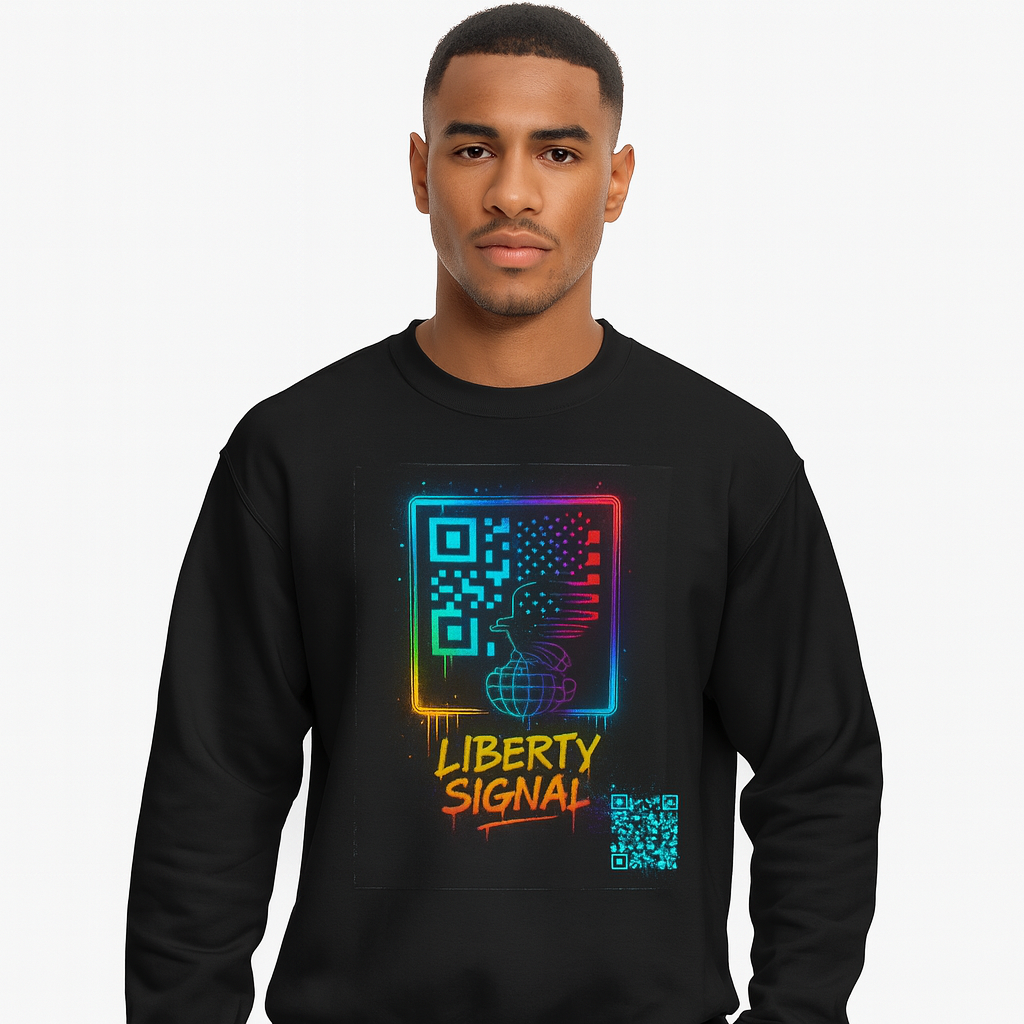 Man wearing a black sweatshirt with colorful graphic design and text on a white background