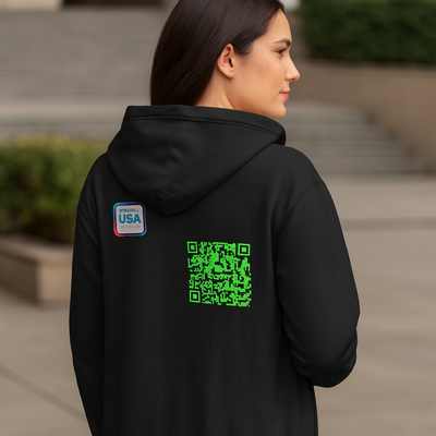 American Voltage™ Premium Glow Zip Hoodie Unisex — Neon QR Chest Design