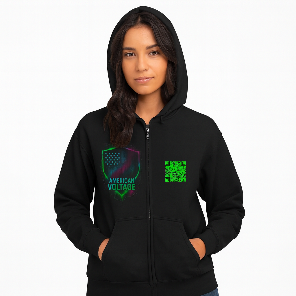 American Voltage™ Premium Glow Zip Hoodie Unisex — Neon QR Chest Design