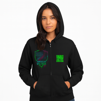 American Voltage™ Premium Glow Zip Hoodie Unisex — Neon QR Chest Design