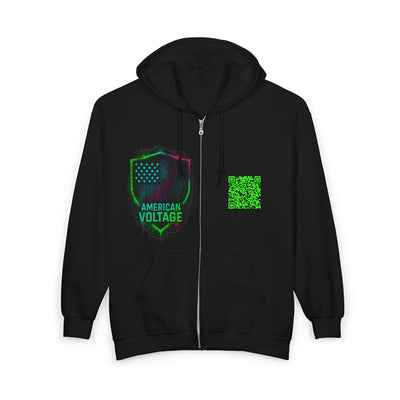 American Voltage™ Premium Glow Zip Hoodie Unisex — Neon QR Chest Design